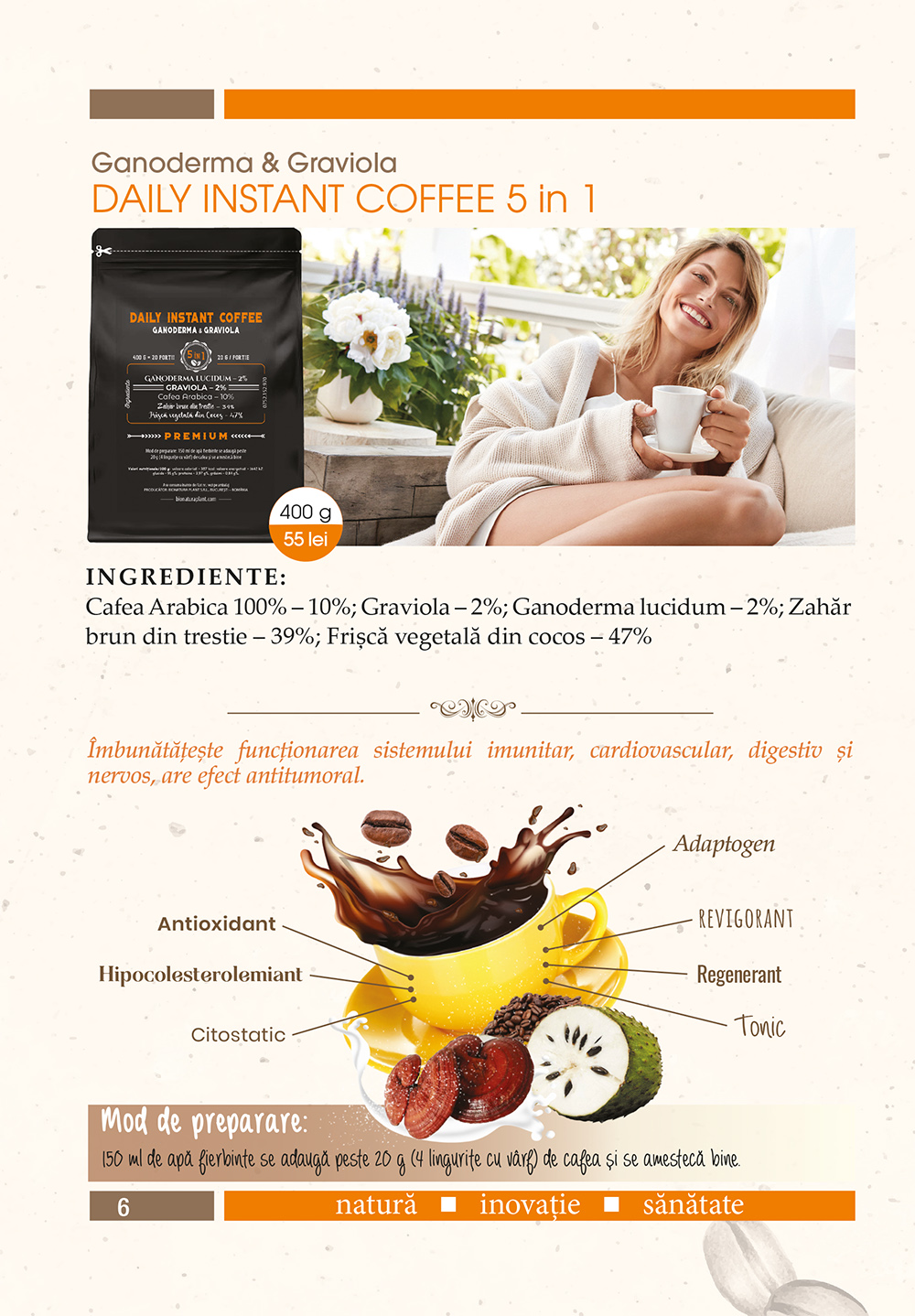 Daily Instant Coffee 5in1 cu Ganoderma+Graviola - 400g veg (20 de portii)