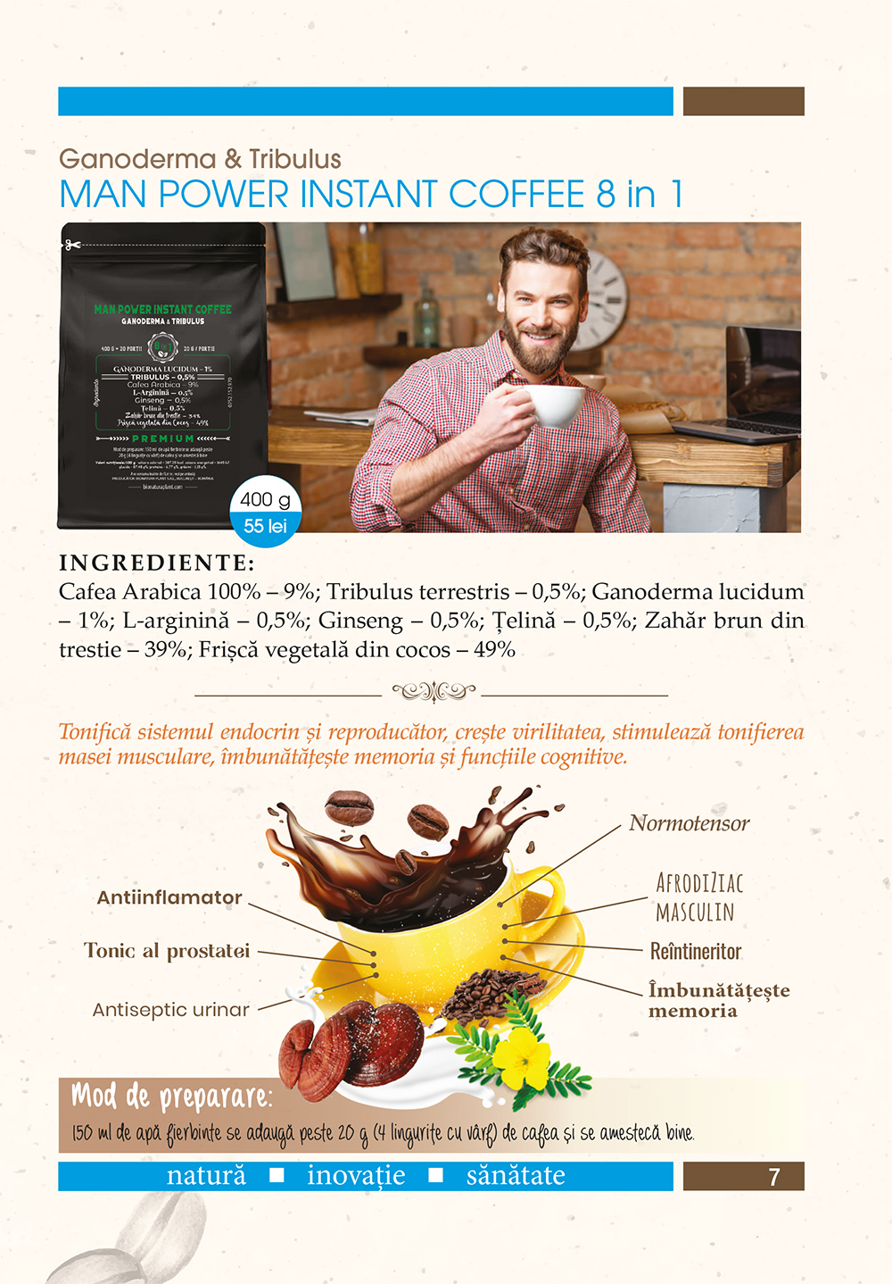 Man Power Instant Coffee 8in1 cu Ganoderma si Tribulus - 400g veg (20 de portii)